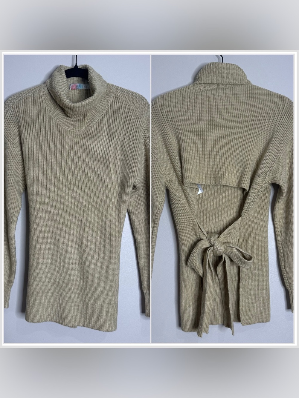 Free People Beach Tan Neutral Tie Open Back Turtleneck Sweater Size XS Cotton